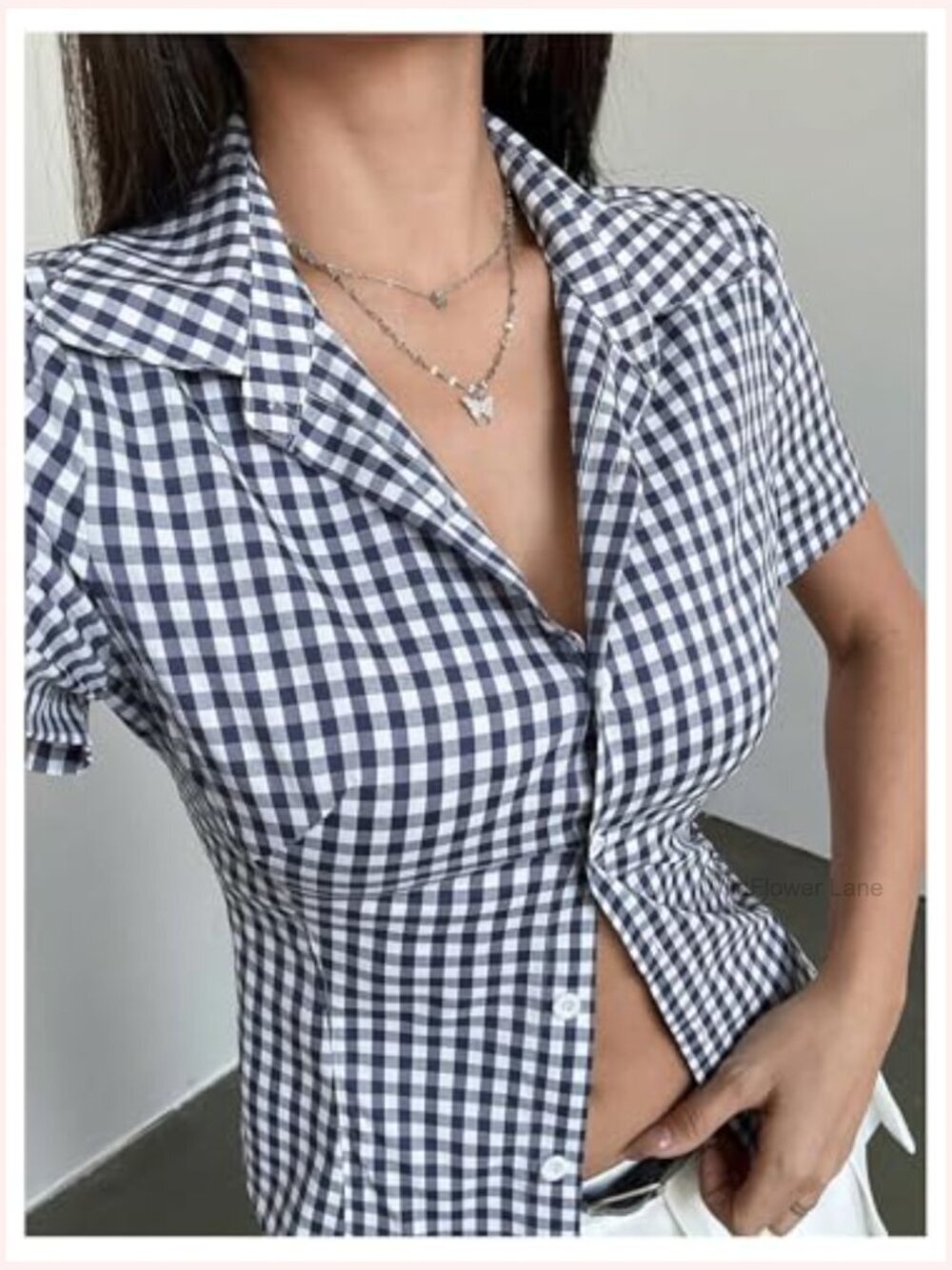 Women's Gingham Button Up Short Sleeve Blouse Y2K Dressy Casual Top - Picture 4 of 5